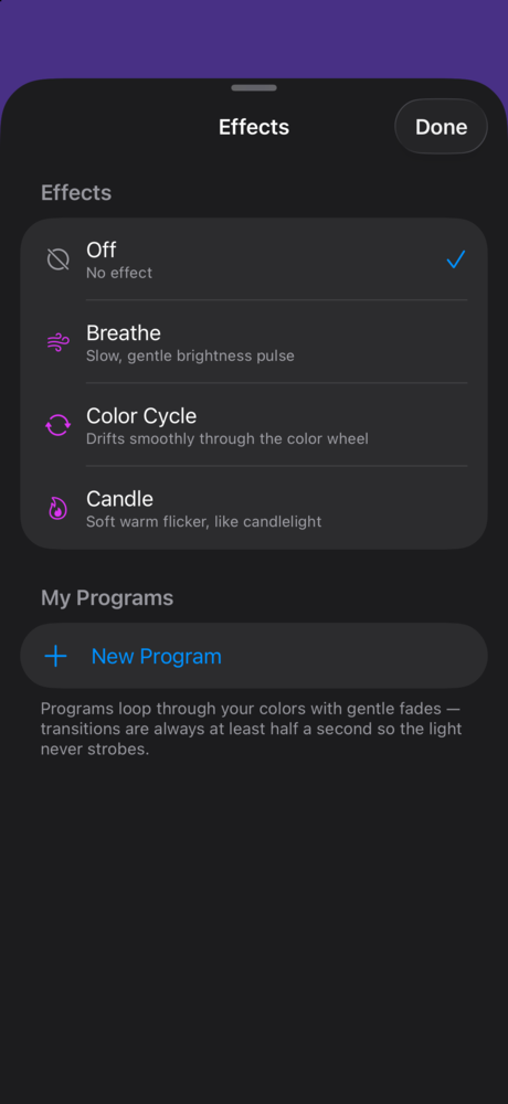 Gentle programmable light effects